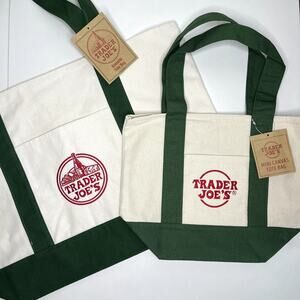 LOT Set of 2 —Trader Joe’s Logo Canvas Tote Bag Mini + Full Size GREEN — NEW NWT